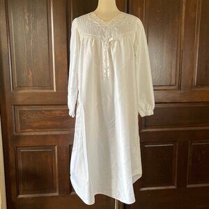 Go Softly Long White Nightgown Vintage USA Cottagecore Flannel Lined Satin Sz S